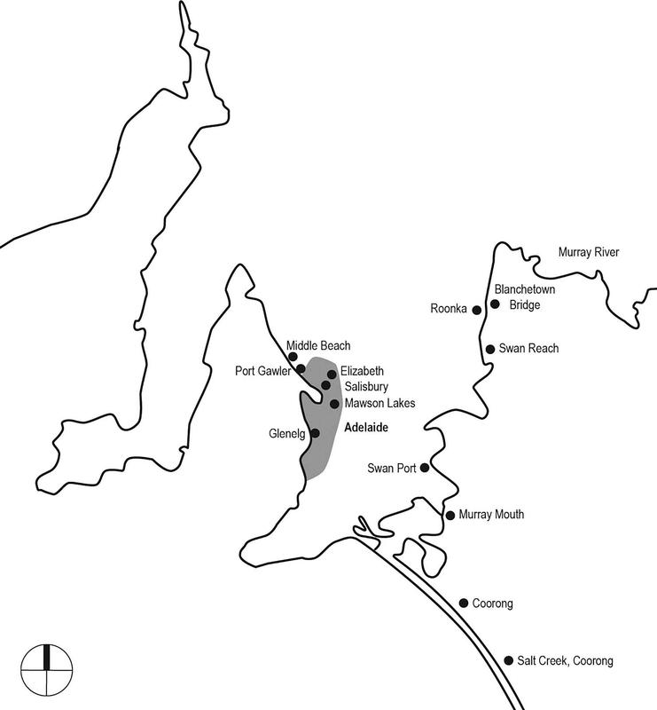 Simple black-and-white map showing the Adelaide region and surrounding areas in South Australia. The map highlights the shaded Adelaide metropolitan area, including Glenelg, Port Gawler, Middle Beach, Elizabeth, Salisbury, and Mawson Lakes. Other labelled locations include Swan Port, Murray Mouth, Coorong, Salt Creek, Swan Reach, Blanchetown Bridge, and Roonka, with the Murray River marked to the northeast. A small circular compass symbol appears in the bottom left corner.