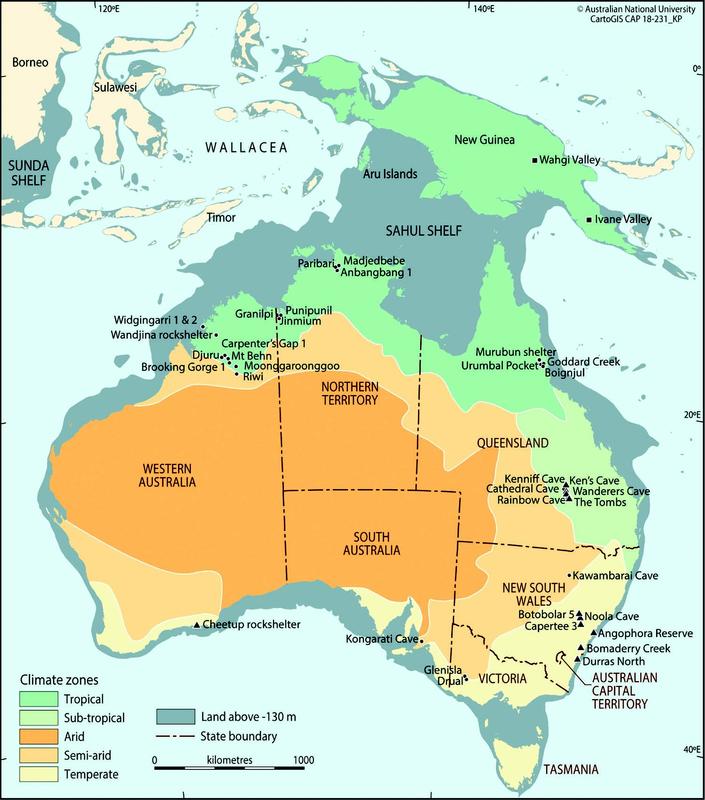 Colour-coded map of Australia and surrounding islands showing climate zones: tropical (green), sub-tropical (light green), arid (orange), semi-arid (yellow), and temperate (grey). State boundaries and land above -130 m are marked. Archaeological sites are labelled across regions, including Carpenter’s Gap, Riwi, Kenniff Cave, and Madjedbebe. A legend at the bottom left explains climate zones.