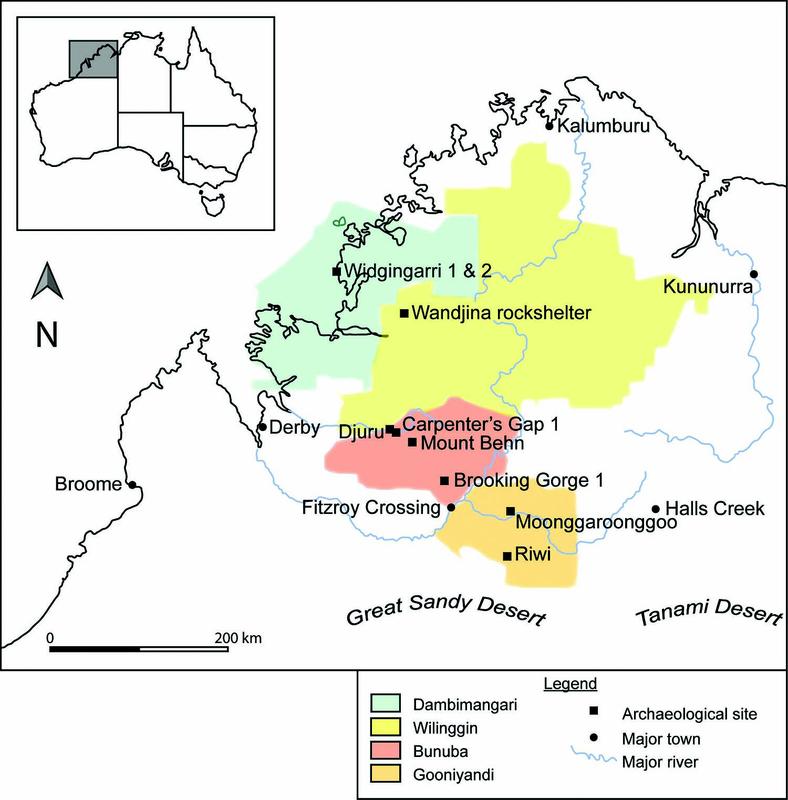 Map of north-western Australia highlighting cultural regions: Dambimangari (green), Wilinggin (red), Bunuba (yellow), and Gooniyandi (orange). Major towns such as Broome, Derby, and Fitzroy Crossing are marked, along with archaeological sites like Carpenter’s Gap 1, Riwi, and Wandjina rock shelter. Rivers and deserts (Great Sandy Desert, Tanami Desert) are labelled. A small inset map shows the location within Australia.