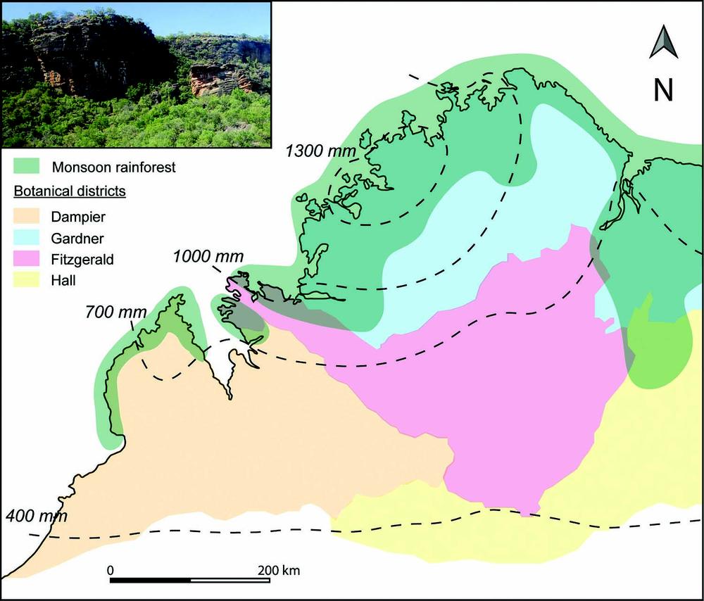 Map of northern Western Australia showing botanical districts and annual rainfall zones. Districts are colour-coded: Dampier (yellow), Gardner (blue), Fitzgerald (pink), and Hall (green). Monsoon rainforest areas are marked in dark green. Rainfall contours indicate 400 mm, 700 mm, 1000 mm, and 1300 mm zones. A north arrow and scale bar (0–200 km) are included. Inset photo at top left shows a rocky escarpment with dense green vegetation.
