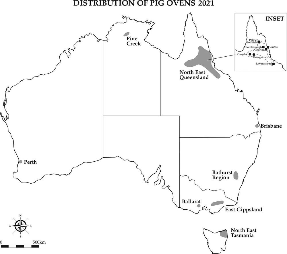 Simple outline map of Australia with the heading "Distribution of Pig Ovens 2021". Dark grey patches on the map show the areas where pig ovens have been found in Australia: Perth in Western Australia; Pine Creek in the Northern Territory; North East Queensland; Brisbane in Queensland; the Bathurst region in New South Wales; Ballarat and East Gippsland in Victoria; and North East Tasmania. The North East Queensland area is the largest, and an inset image shows that it covers Palmer Goldfield, Thornborough, Cairns, Atherton, Croydon, Georgetown and Ravenswood. 
