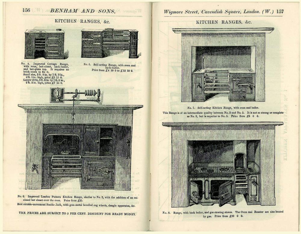 An open book showing black-and-white illustrations of Victorian-era kitchen ranges. The pages feature detailed drawings of cast iron stoves with ovens, grates, and warming shelves, accompanied by descriptive text and pricing information. The heading reads "Benham and Sons, Kitchen Ranges".