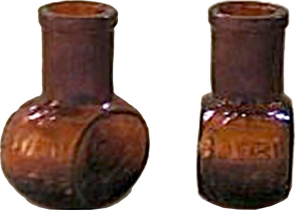 Two perspectives of a small jar with a tall neck and a bulbous base, flattened on two sides. The first perspective shows the bottle on an angle, so that the flattened side is visible. The second perspective shows a profile view.