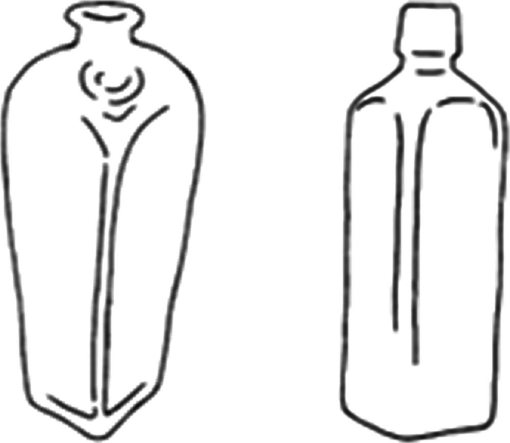 An illustration of two tall rectangular bottles with short necks. The bottle on the left appears to have an additional spout or opening on the shoulder.