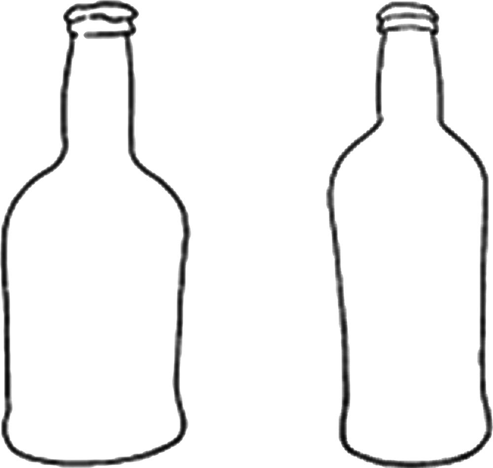 An illustration of two tall rounded bottles with long necks. 