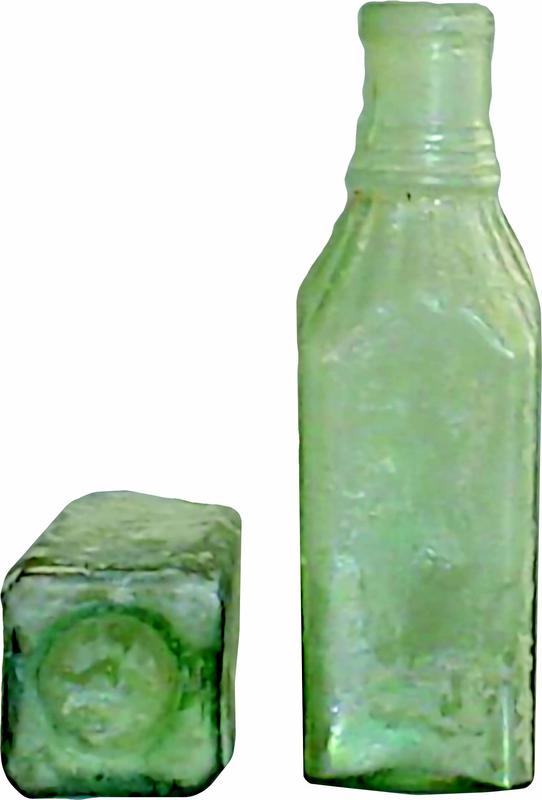 Two perspectives of a small bottle. The first pespective shows the base of the bottle, which is square with a circular indentation. The second perspective shows the a side view of the bottle, with ridges around the base of the bottle's neck.