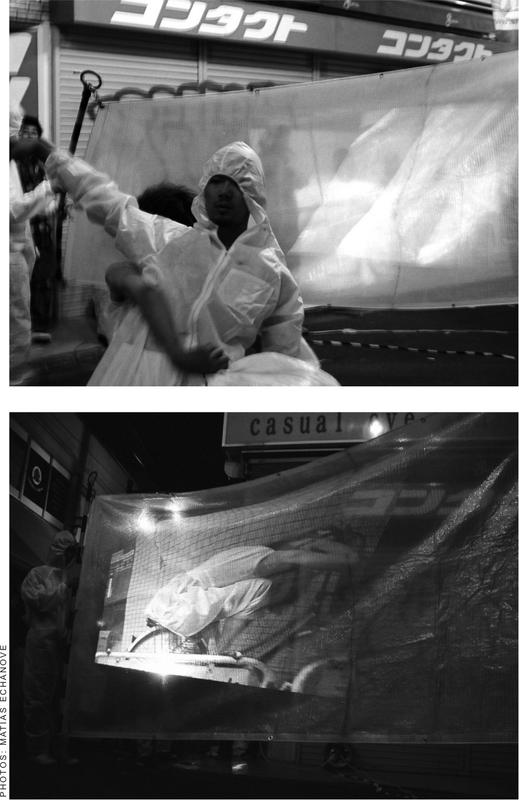 Two black and white photographs of performance art of people protesting the Shimokitazawa Road Development.