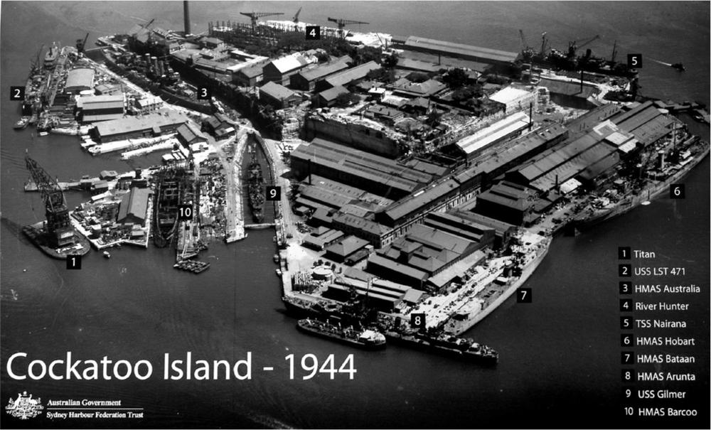 An aerial view of Cockatoo Island in 1944.