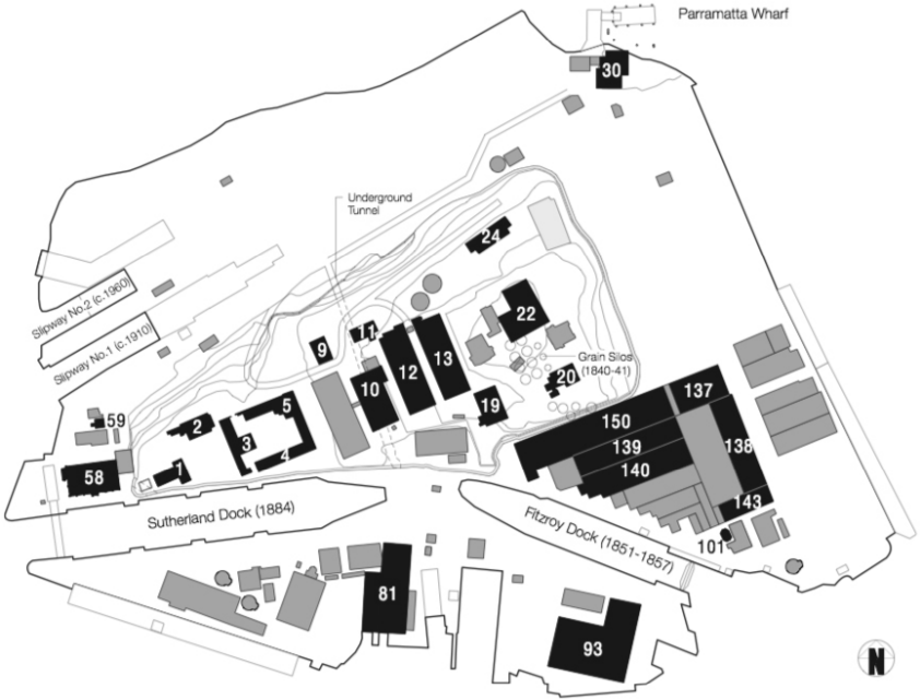 A map of Cockatoo Island marking the historical functions of the buildings.