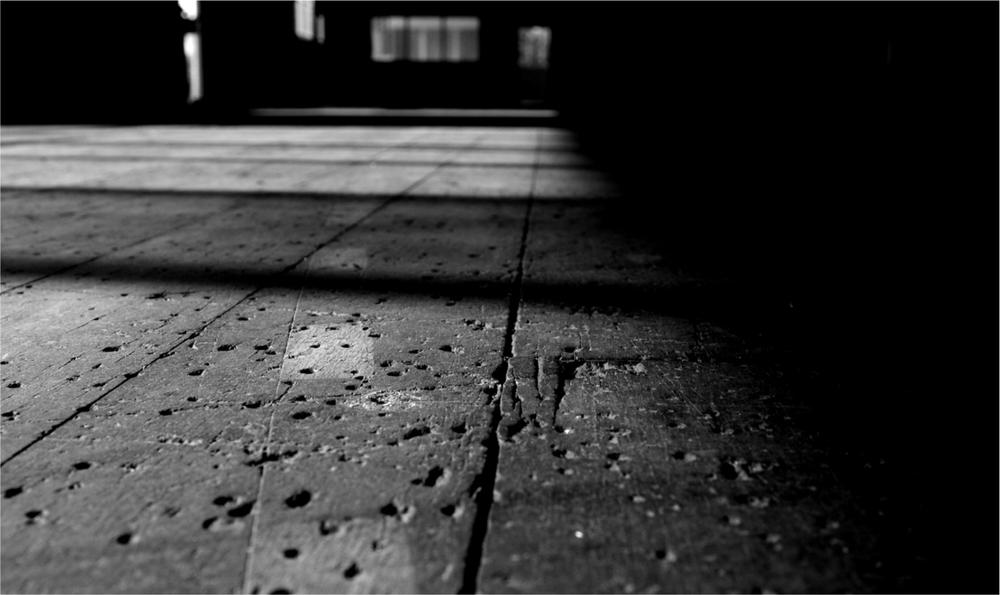 A black and white photograph of a pock marked floor.