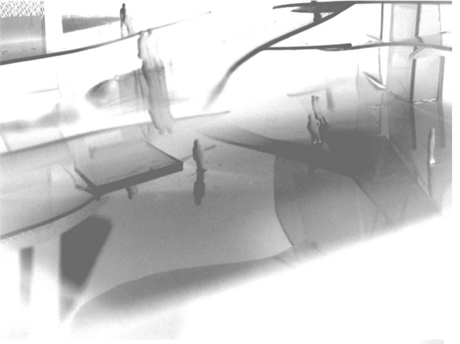An abstract grey architectural shape.