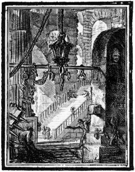 An artwork of an old building with a low hanging streetlight in the centre.