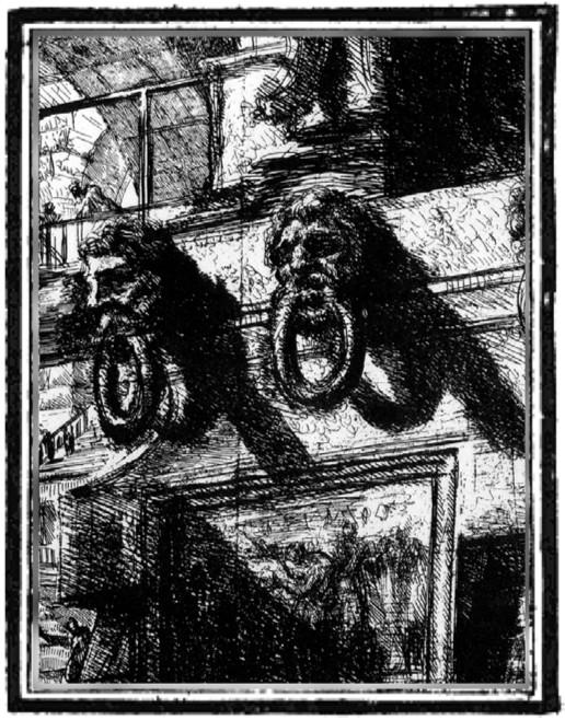 A drawing of two abstract door hangers of faces.
