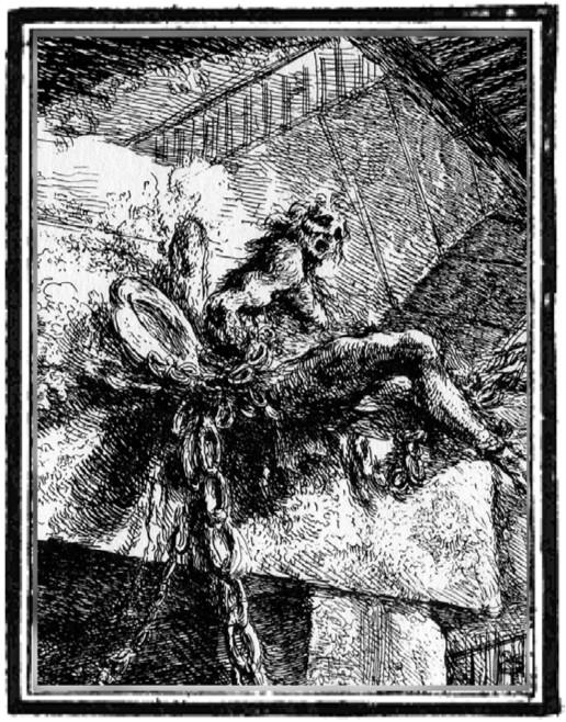 A drawing of a man on the front of a boat.