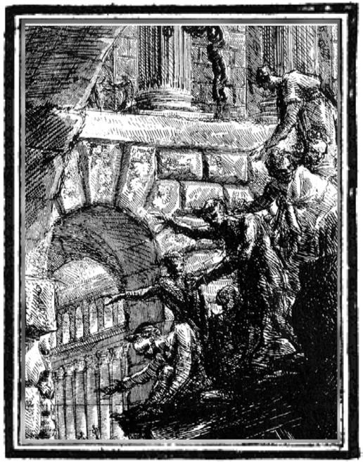 A drawing of men reaching through the gates of a sandstone building.
