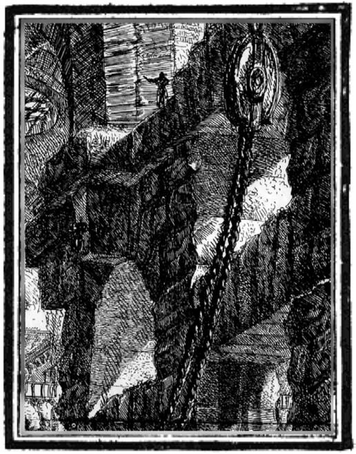 A drawing of an old sandstone building with a large chain hanging from a pulley.