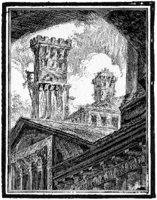 A drawing of the top of an old large building.