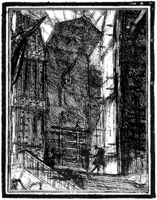 A drawing of an old building with scaffolding.