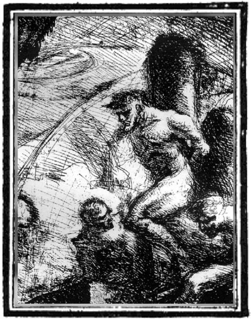 A drawing of a man chained to a pole.