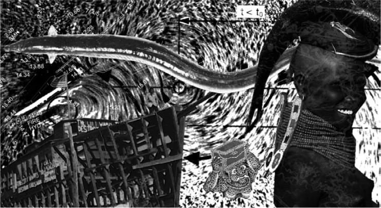 An abstract artwork of a person in the right of the image with abstract shapes behind her and to the left.