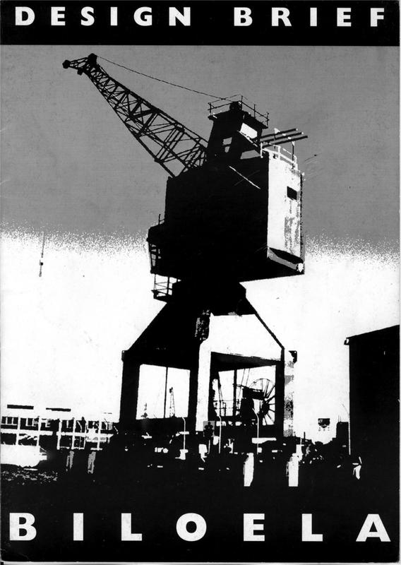 A black and white image of a large crane with the words Design Brief Biloela written at the top and bottom of the poster.