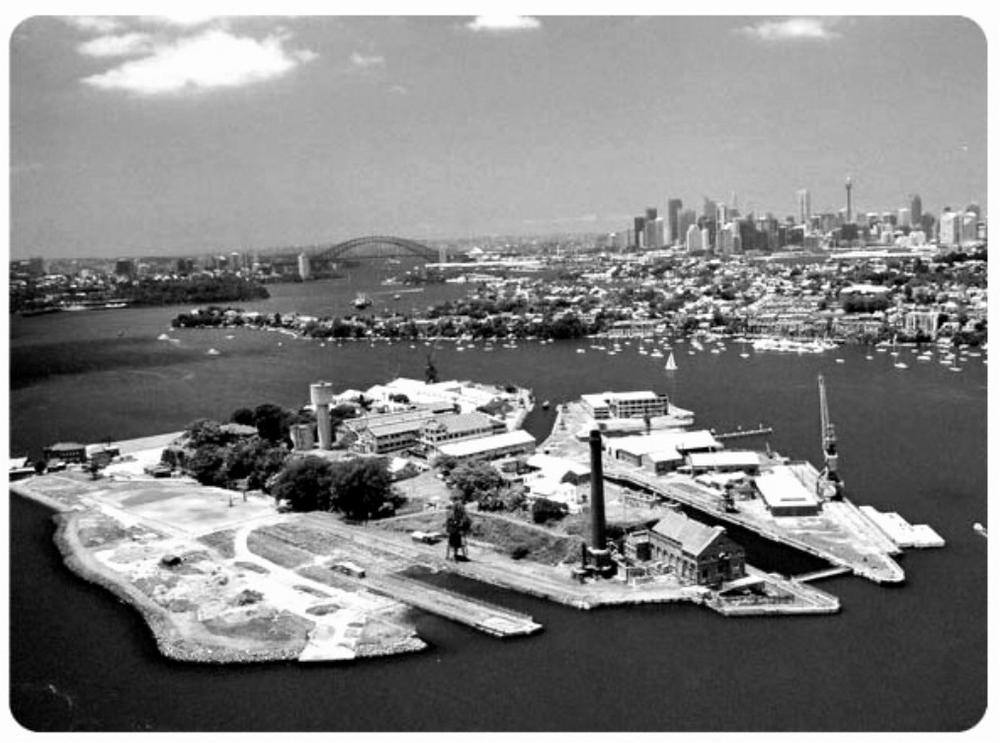 An aerial image of greater Sydney Harbour, including Cockatoo Island.