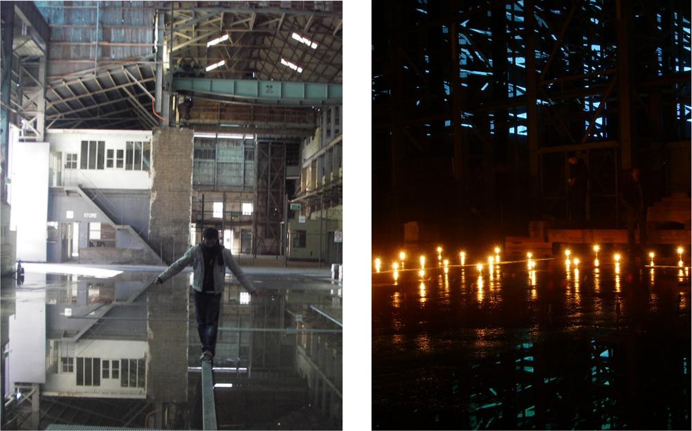 To the left is an image of a person walking along a beam in a large open room that has water on the ground. To the right is a light installation on top of water.