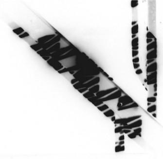 An abstract artwork with black and white marks.