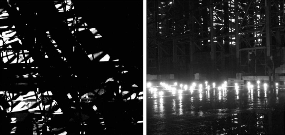 Black and white photographs of light and sound installations.