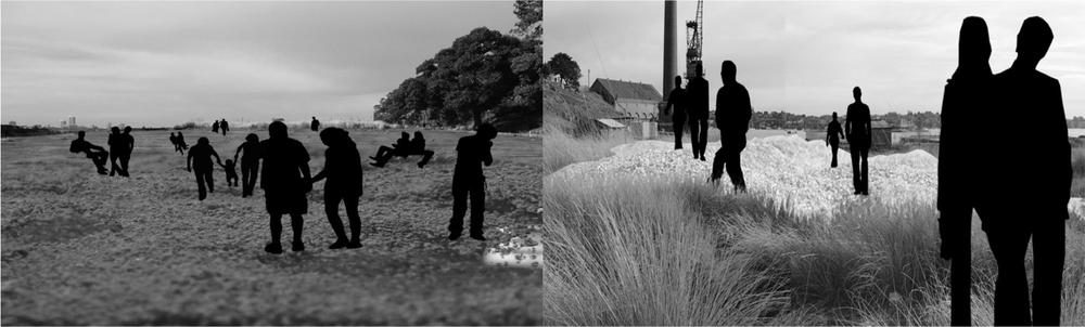 Two images of people walking through a grassy area.