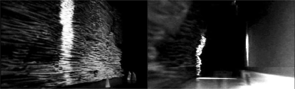 Two abstract images of light beam installations.