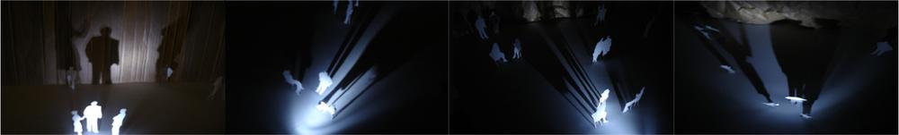 Four images of people in rooms of light installations.