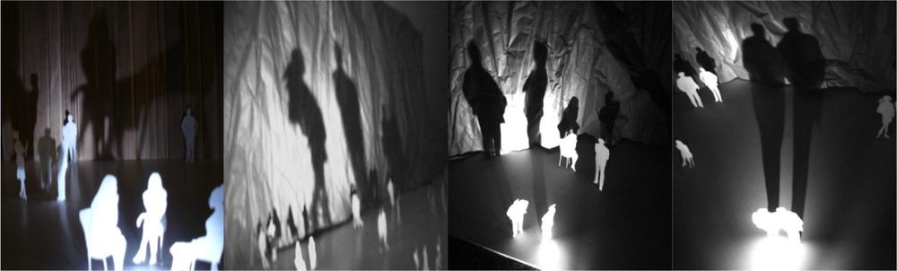 Four images of people in rooms of light installations.