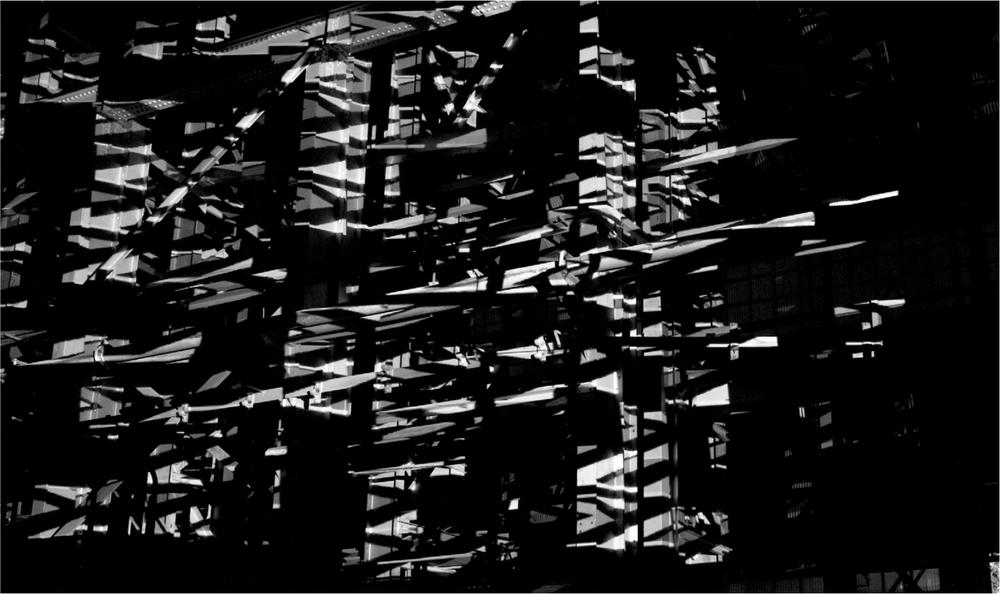 An abstract image of black and white shapes.