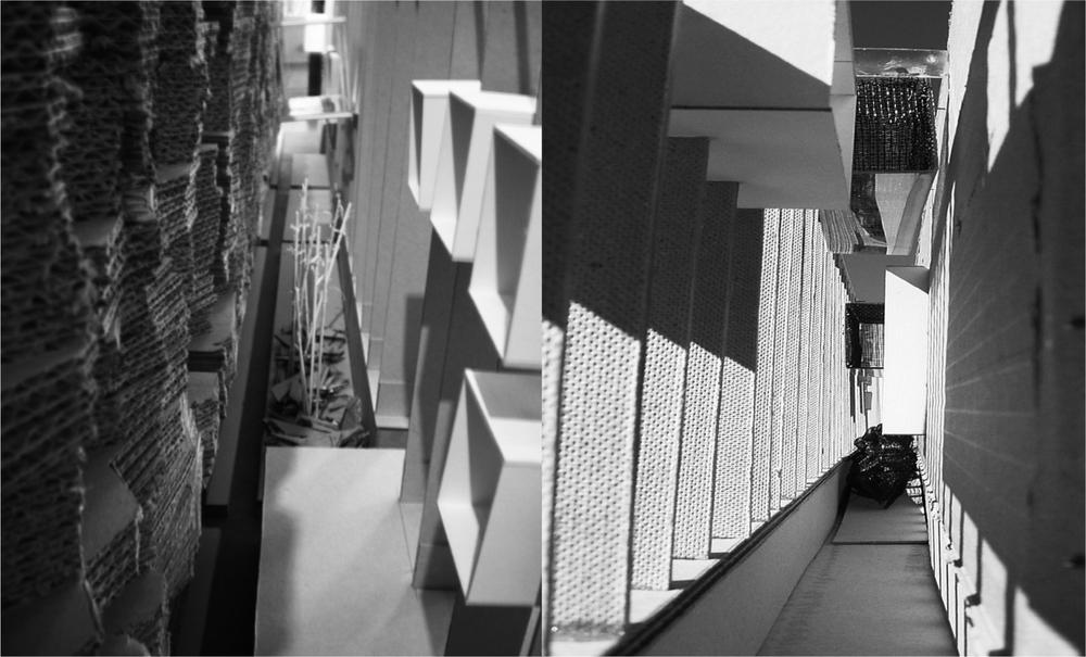 Black and white images of the corridors of building areas.