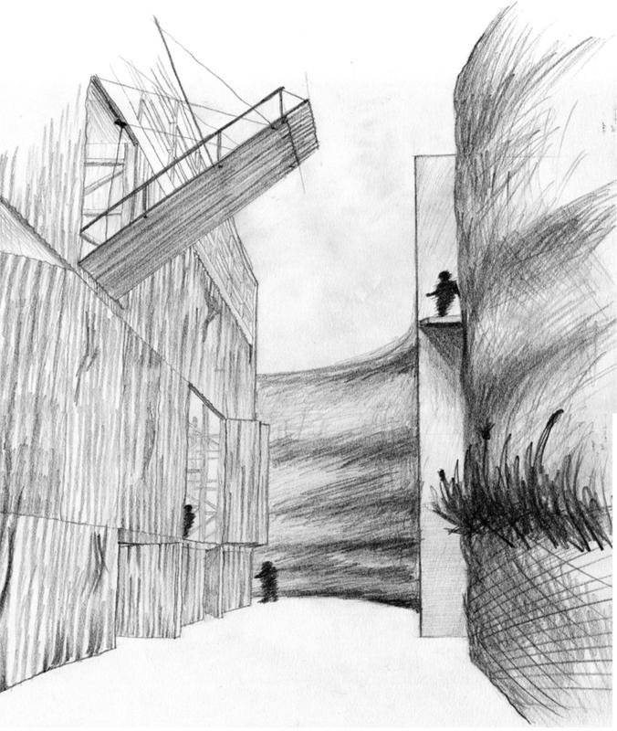 A sketch of a large building and corridor.