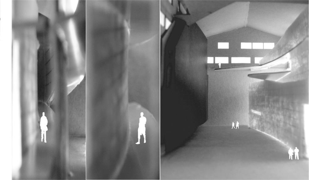 Black and white abstract image of people walking through a corridor.