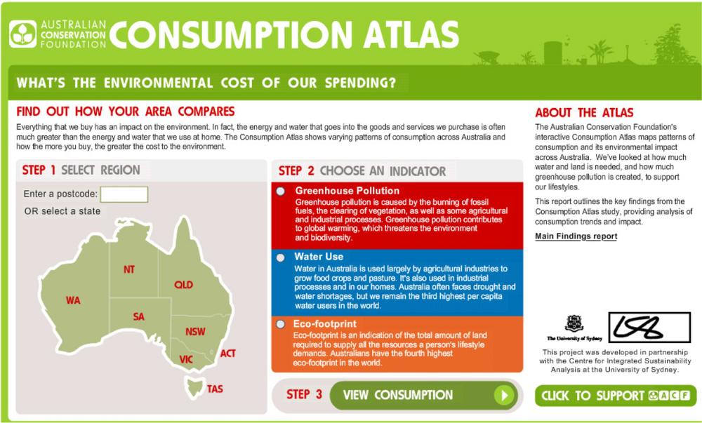 Consumption Atlas web page with a map of Australia and three options to choose an indicator.