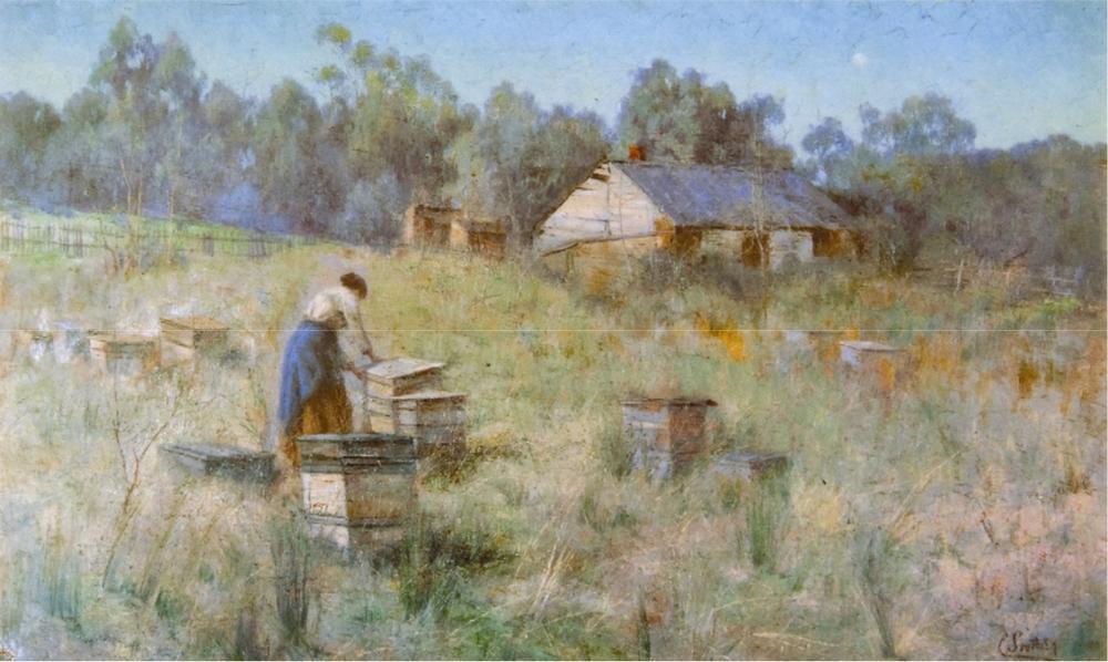 An oil canvas of a woman working in the Australian outback.