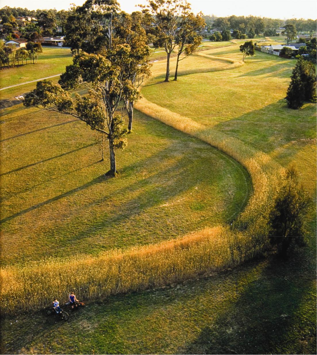 An artwork of a grassy field with tress and people sitting in the grass in the bottom corner.