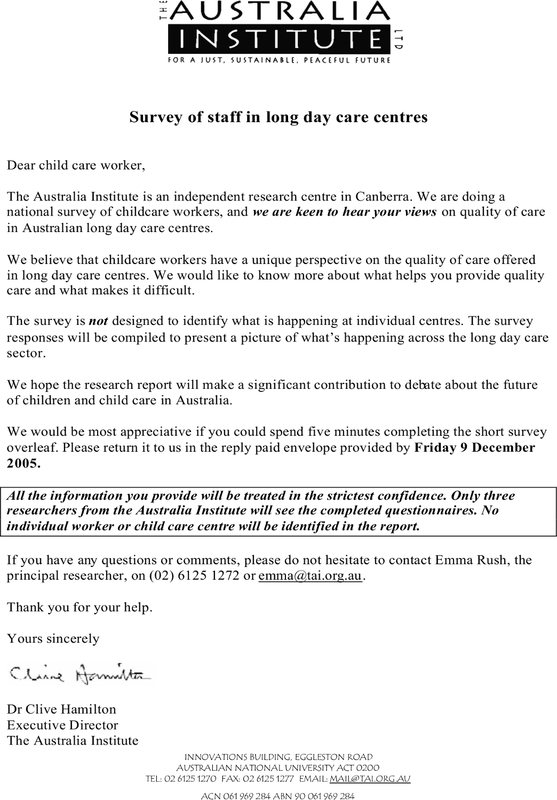 Letter introducing survey on quality child care.
