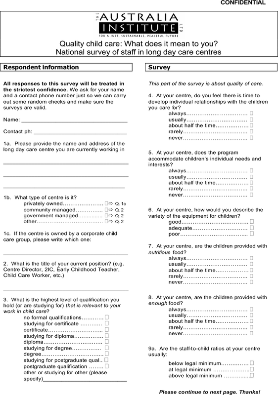 Quality child care survey.