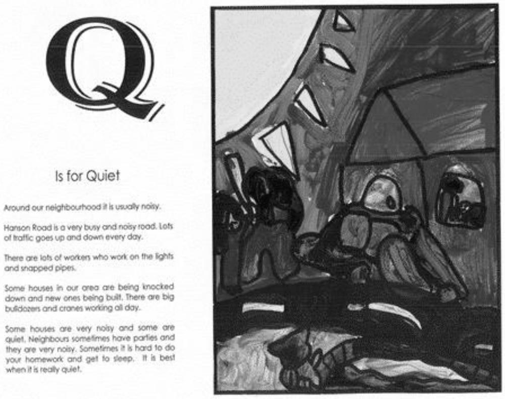 An image which on the left has a large 'Q' at the top and then a smaller sub heading which reads 'is for quiet'. After this is paragraphed text. To the right of the page is a black and white image of a drawing where the sun is in the left corner and there are people also.
