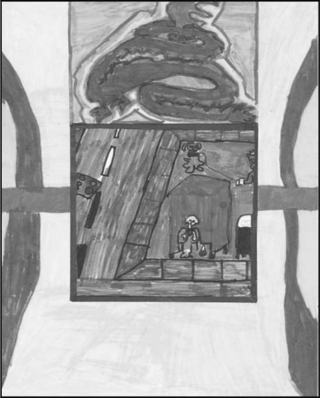 A black and white image of a drawing of a window frame and the view outside of it.