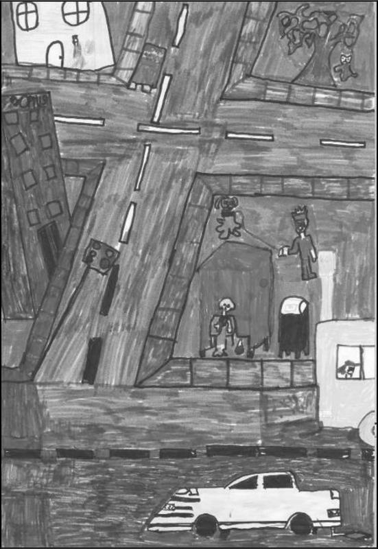 A black and white image of a drawing of the view through the window. There is an intersetion with traffic lights and houses and buildings on the corners. There are people playing in the park.