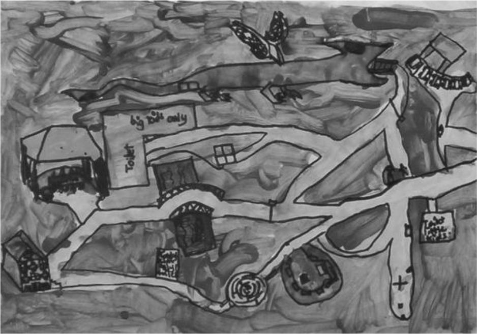 A black and white image of a drawing of roads and buildings.