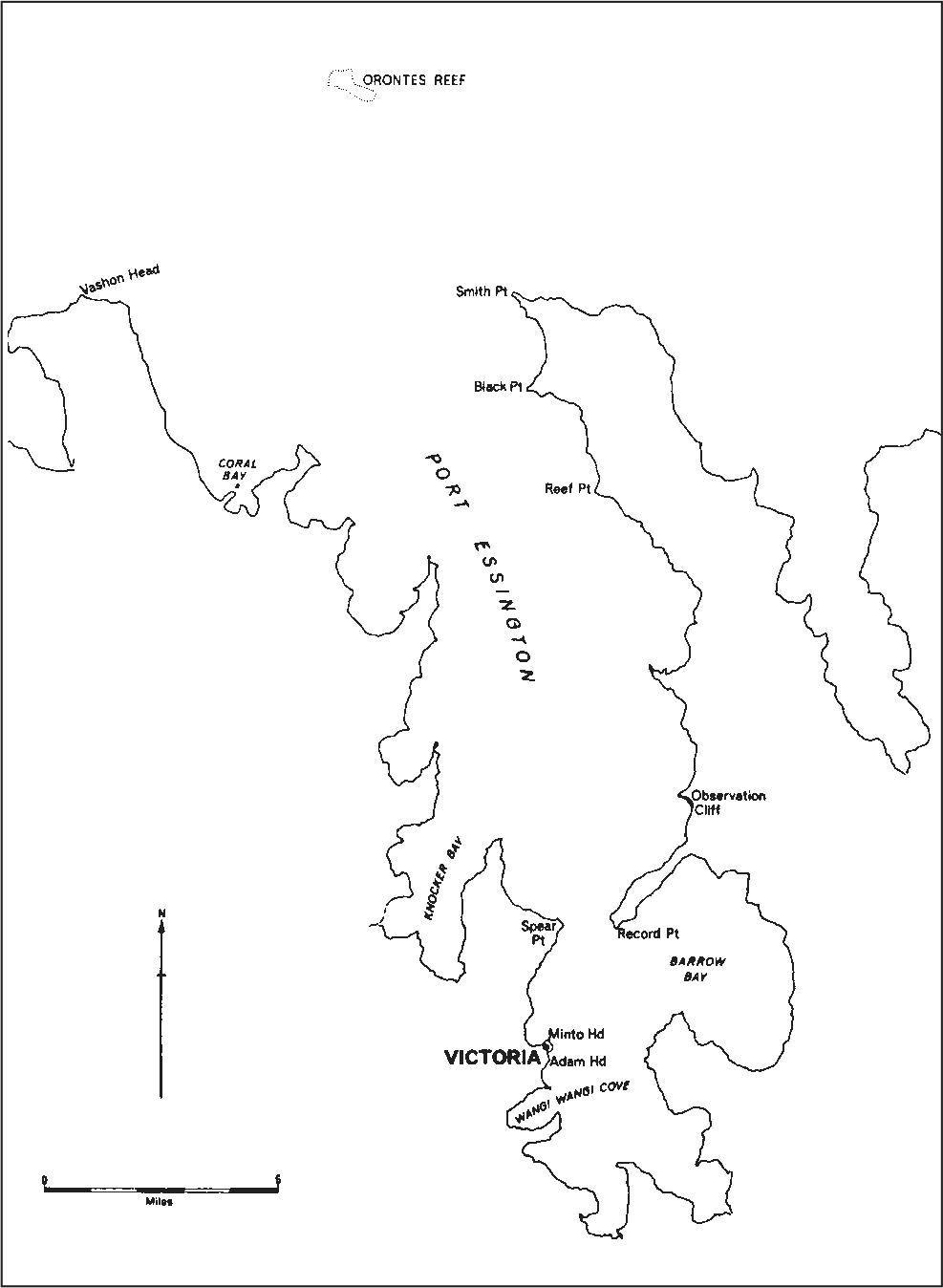 A map of Port Essington that identifies the following places: Wangi Wangi Cove, Adam Hd, Minto Hd, Spear Pt, Knocker Bay, Barrow Bay, Record Pt, Observation Cliff, Reef Pt, Black Pt, Smith Pt, Coral Bay, Vashon Head and Orontes Reef.