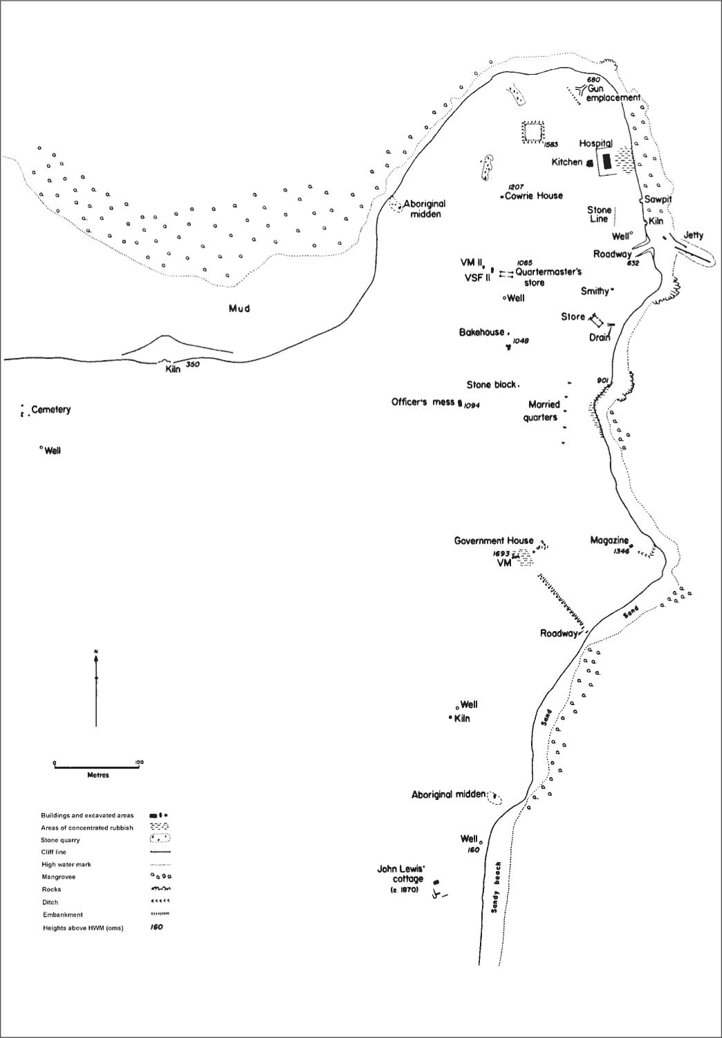 A map of the settlement showing the cliff line. At the peak of the island is a hospital, kitchen, the Cowrie House, the Quartermaster's store, a bakehouse, kitchen, drain, married quarters, officer's mess, married quarters and an Aboriginal midden.