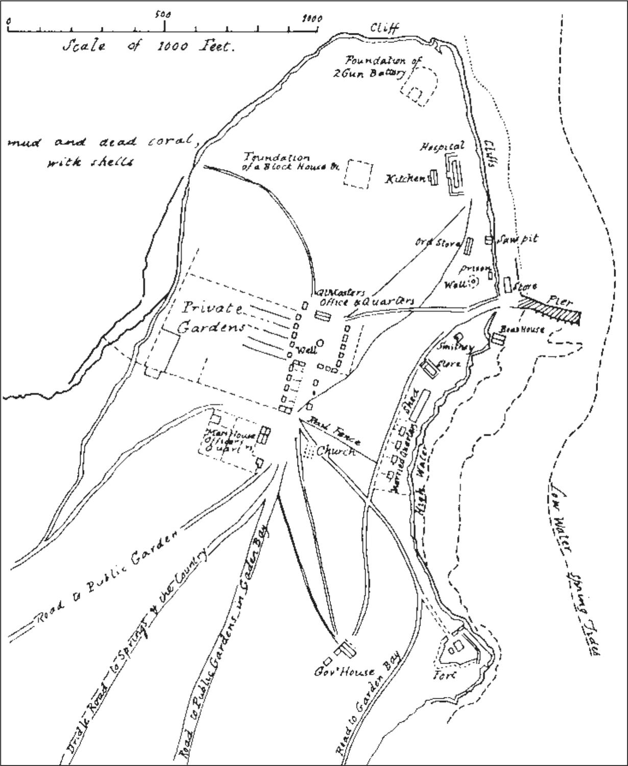 A drawing of a contemporary map of the settlement, highlighting the main roads, private gardens, and key buildings. On the eastern coast is a pier and towards the centre of the island is a church.
