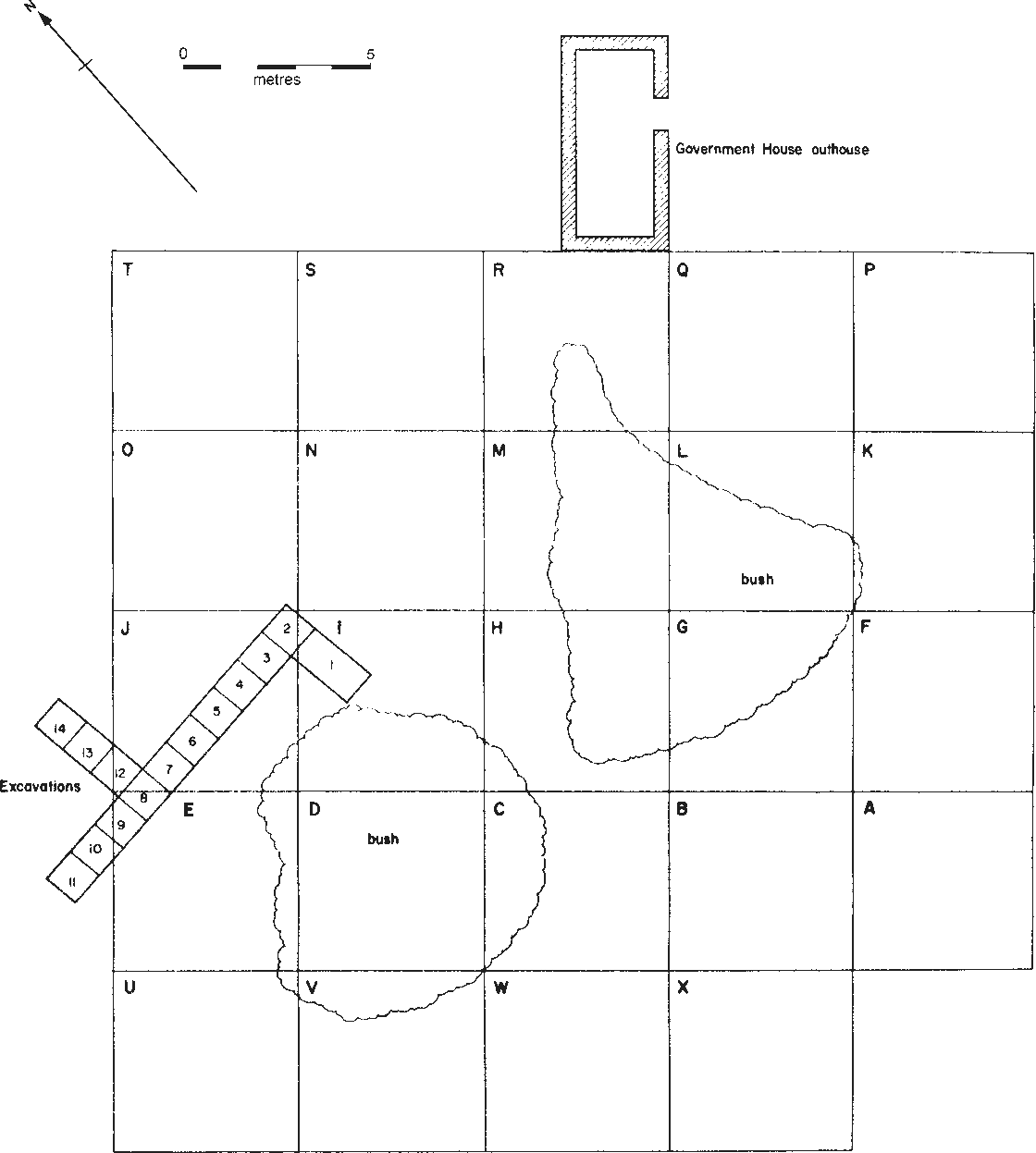 A map drawn over a grid with the bush drawn towards the south and the excavations positioned next to it. Another section of the bush is drawn nearby and near the edge of the bush is the Government House outhouse. 